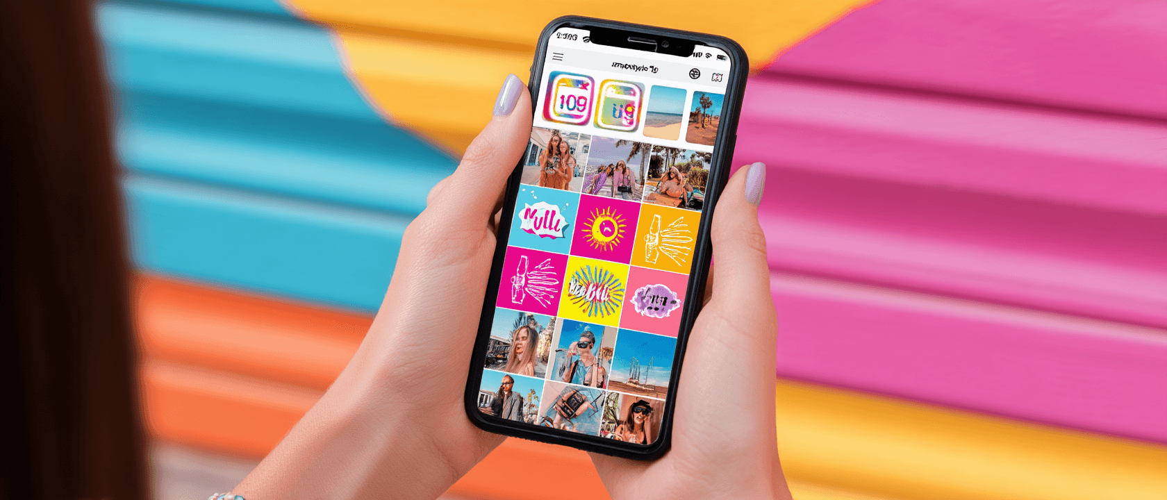 A person holding a smartphone displaying a colorful app interface, in front of a vibrant mural.