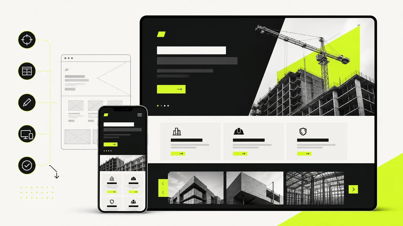 construction website redesign services — Mockup of a construction website design showcasing user engagement features. for Frummerin Digital