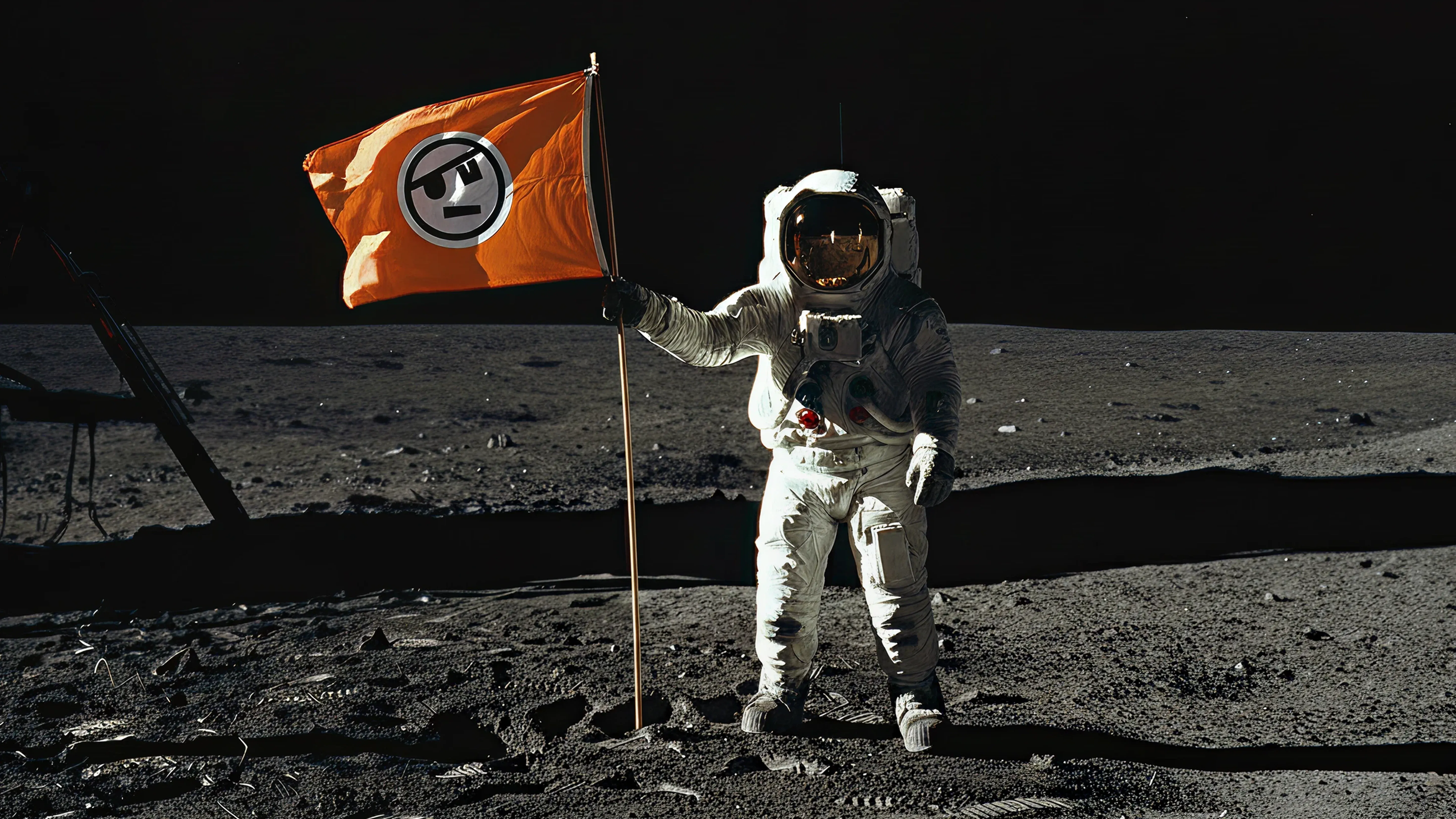  An astronaut standing on the lunar surface, holding an orange flag featuring a logo of underground movement.