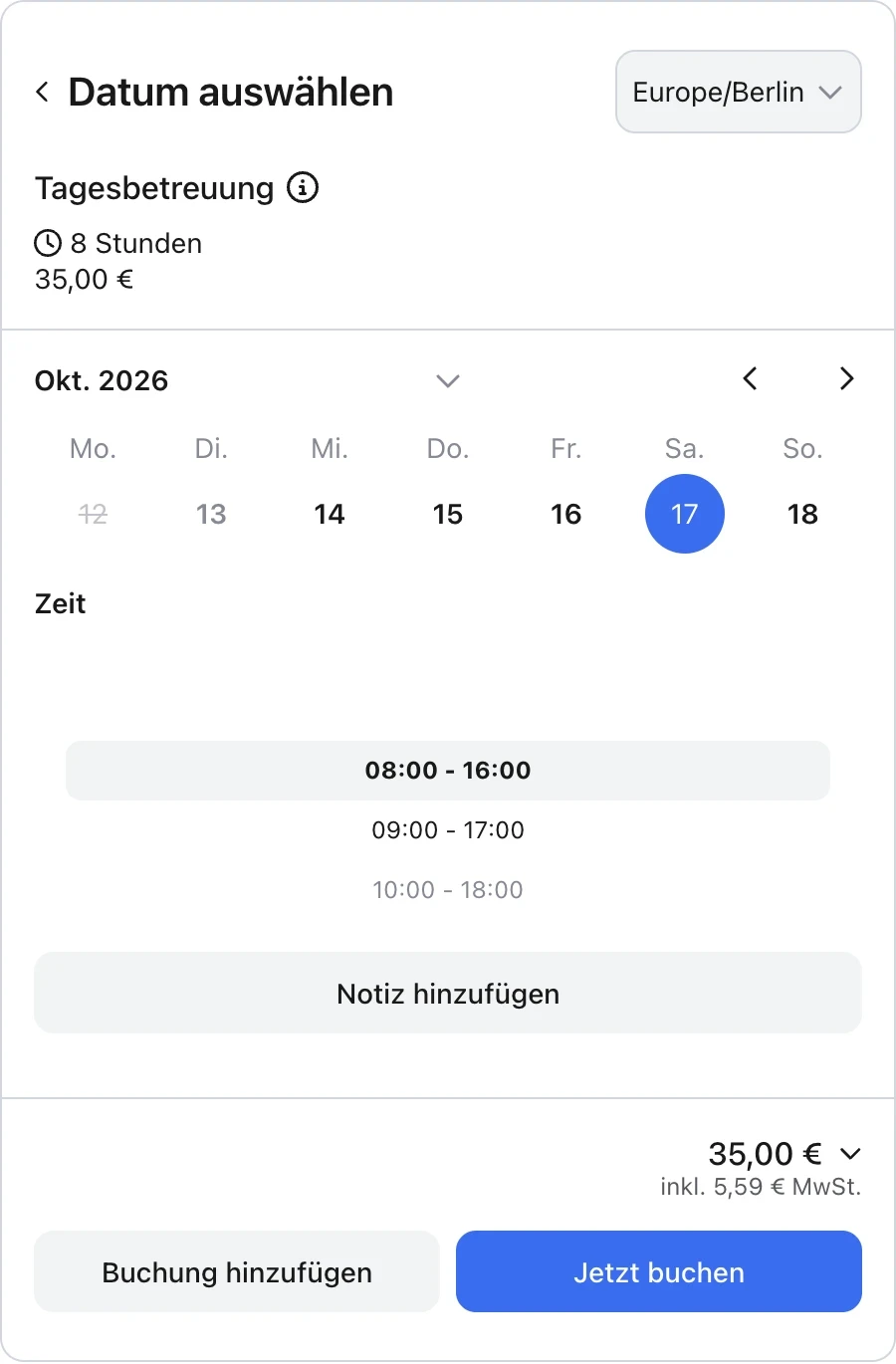 Echte anny Buchung für Tagesbetreuung am 17. Oktober von 8 bis 16 Uhr für 35 €