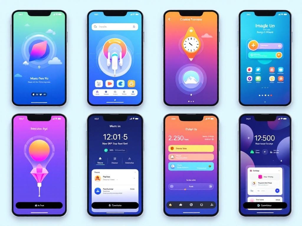 Eight different mobile phone screen designs are shown in this image. Each screen showcases a unique app interface with varying color schemes, layouts, and visual elements. The designs range from simple to more complex, demonstrating different approaches to mobile app design.