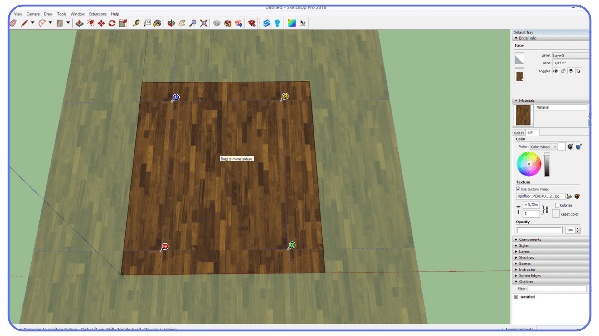 SketchUp scene displaying a wooden floor texture being repositioned and edited through the materials panel.