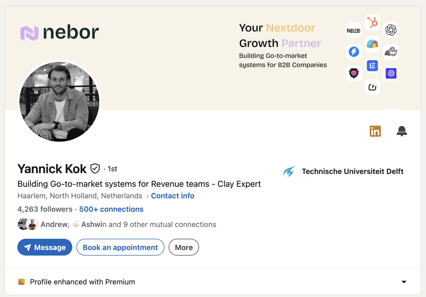 LinkedIn profile: Yannick Kok, co-founder of Nebor and Clay expert for GTM and RevOps