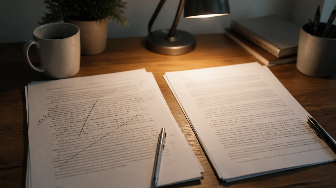 A rewritten draft next to a crossed-out generic page