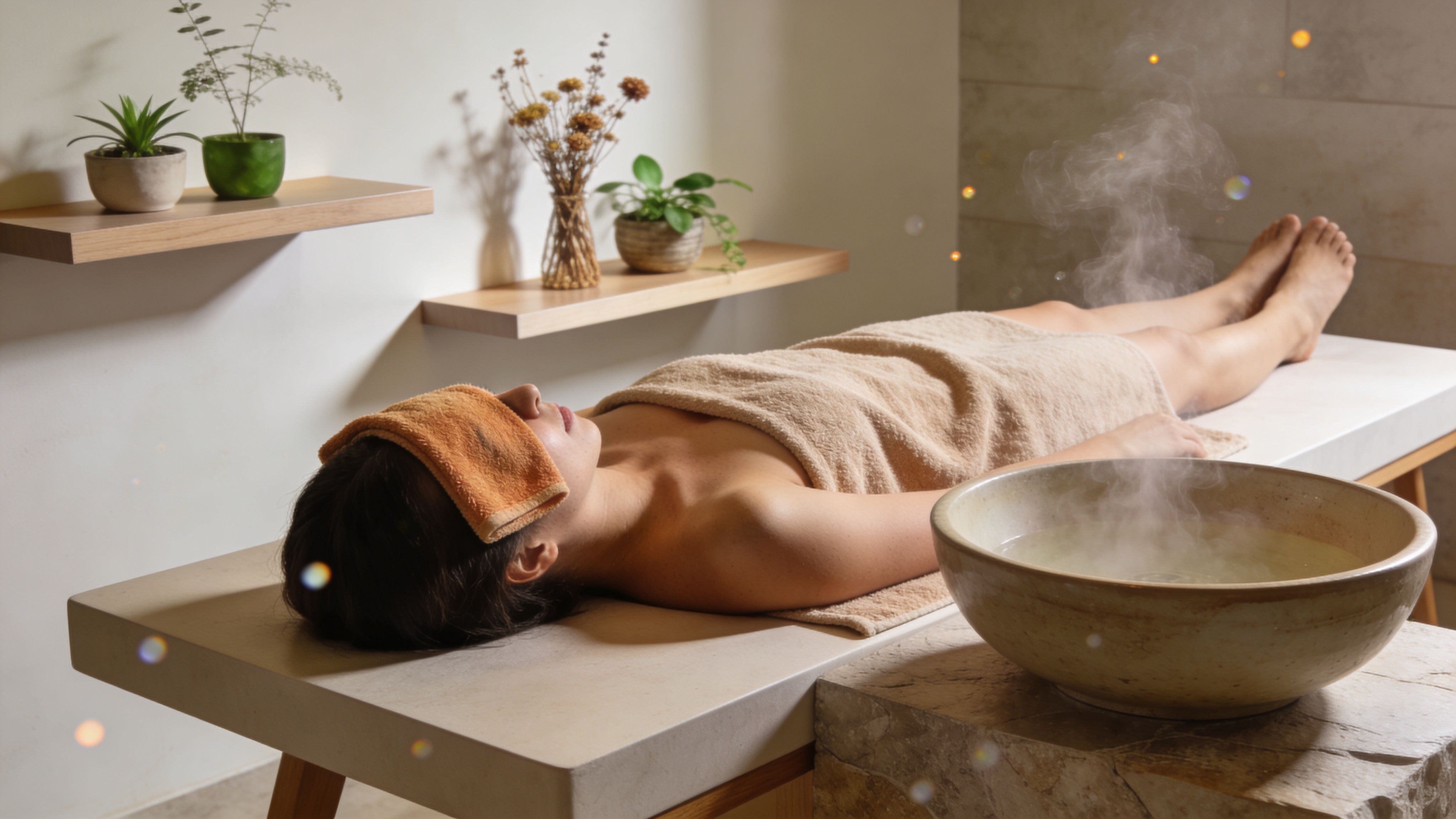 A woman lying on a spa bed with a warm towel over her eyes during treatment.