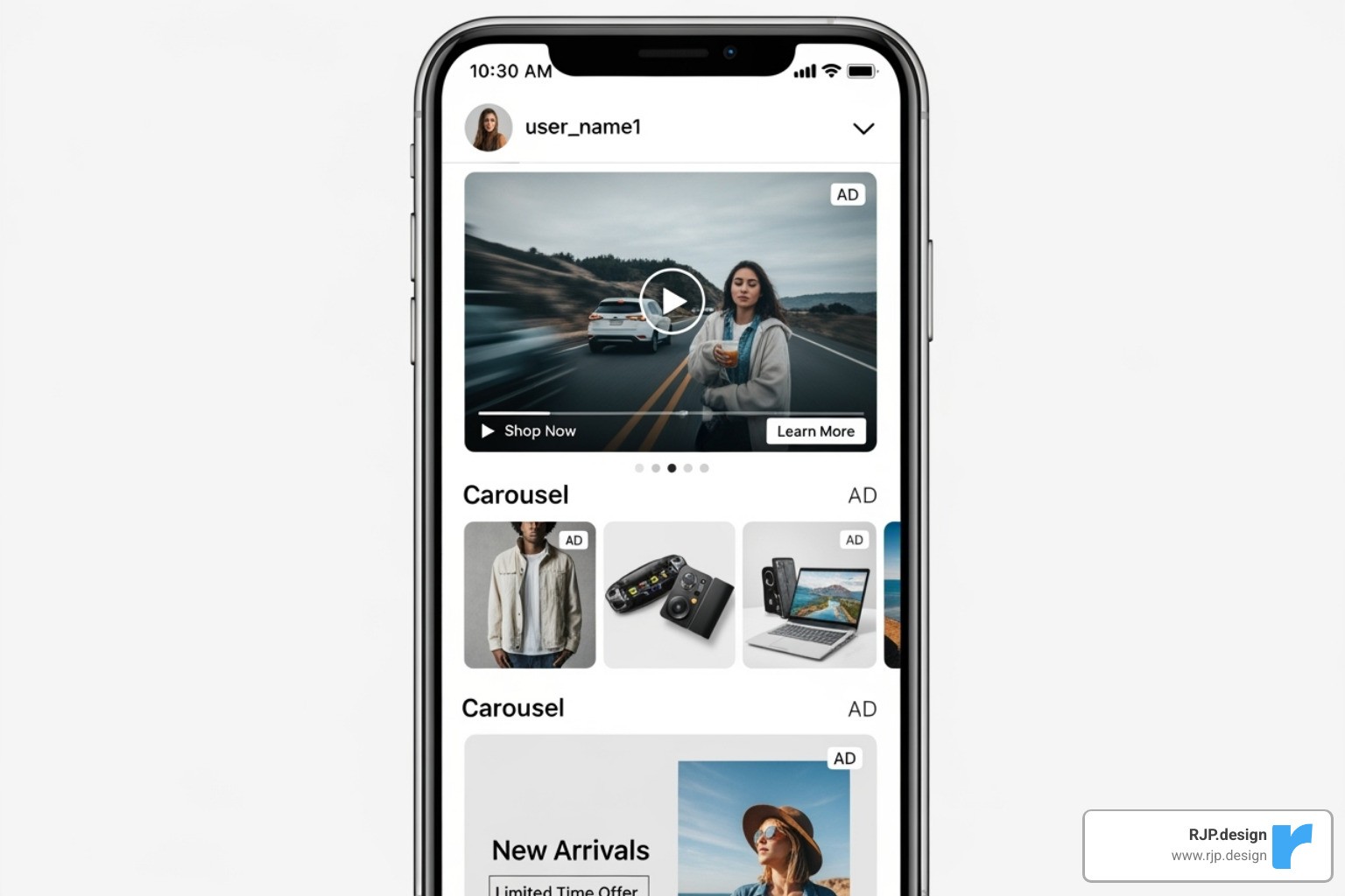 social media feed with various ad formats (video, carousel, image) - online advertising solutions