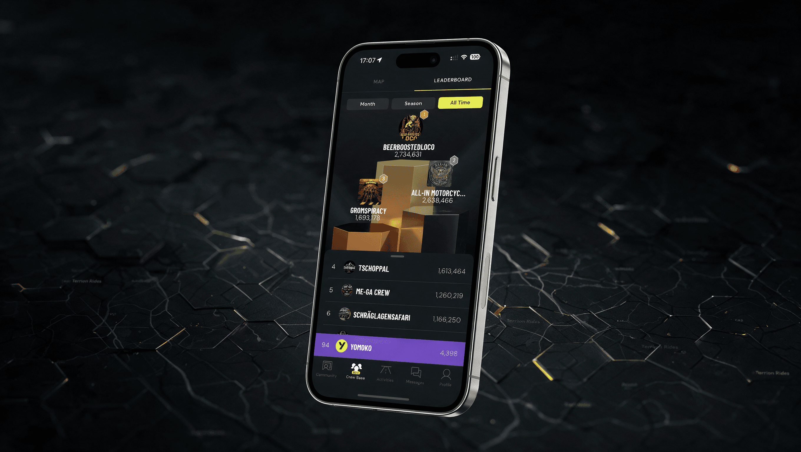Yomoko Territory Rides Leaderboard mit Rangliste der Motorrad-Crews.