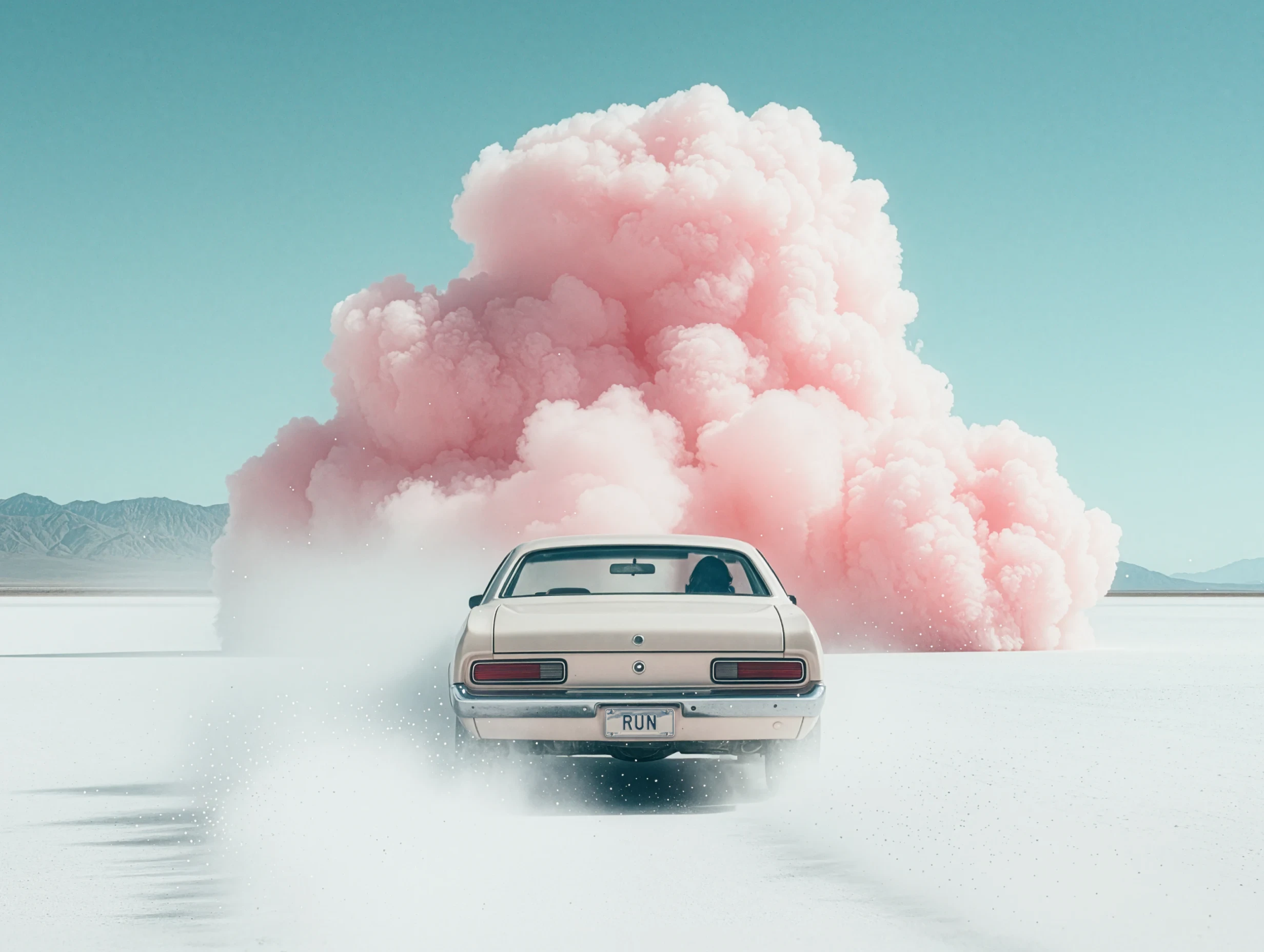 Rear view of a vintage car driving toward a large cloud of pink smoke in the desert