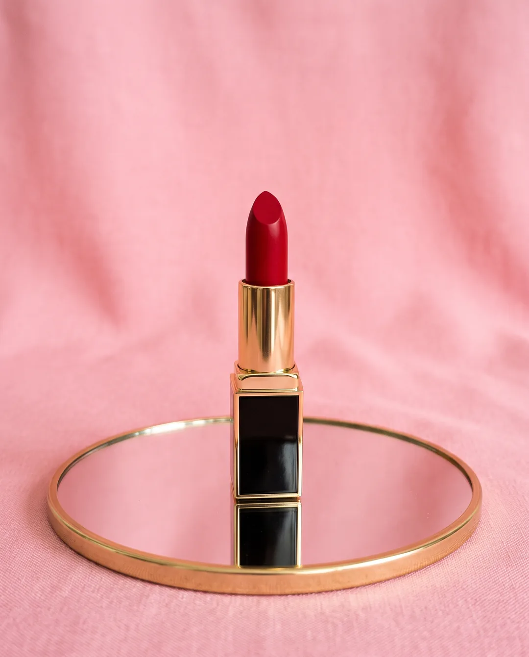 A red lipstick in a gold case on a pink ground