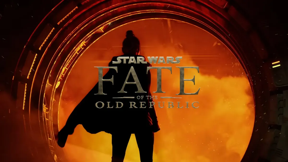 Character from Star Wars: Fate of the Old Republic video game with the logo of the game over her