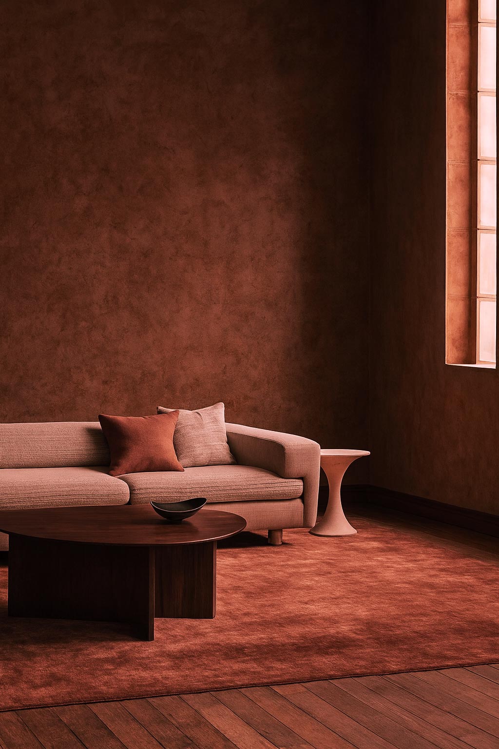Earth-toned living room with textured walls, beige sofa, dark wood table, and natural light.