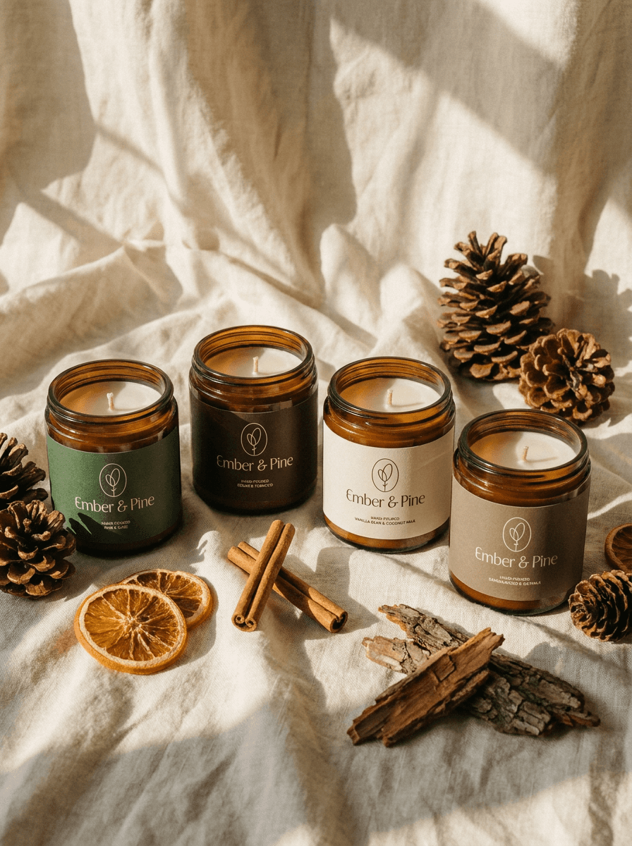 Three Ember & Pine amber glass soy candle jars styled with pine cones and dried orange slices on white linen — product branding for handmade candle business by Visual Mess Studio