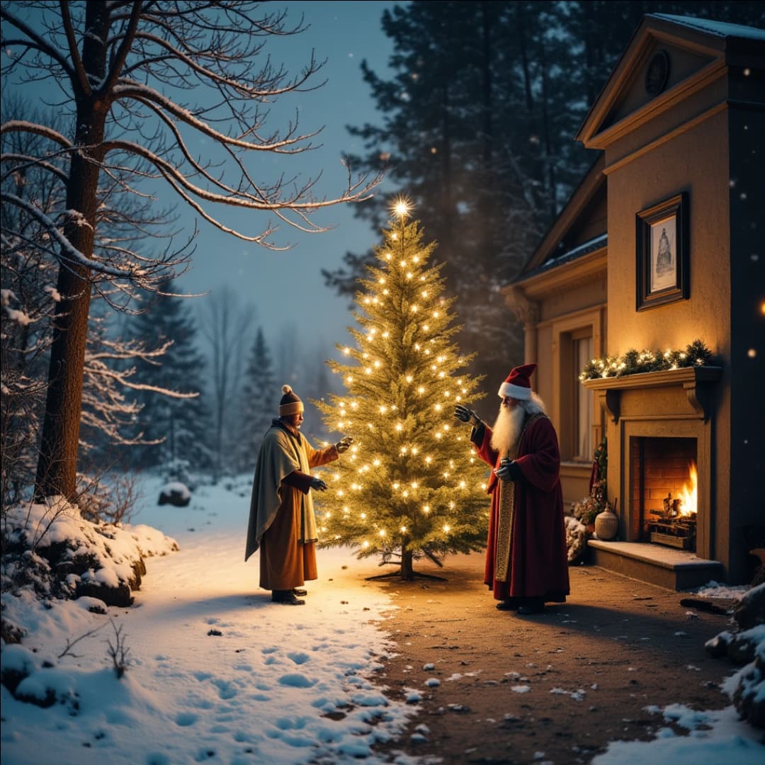 der weihnachtsmann steht draußen im schnee und begrüßt einen bischof