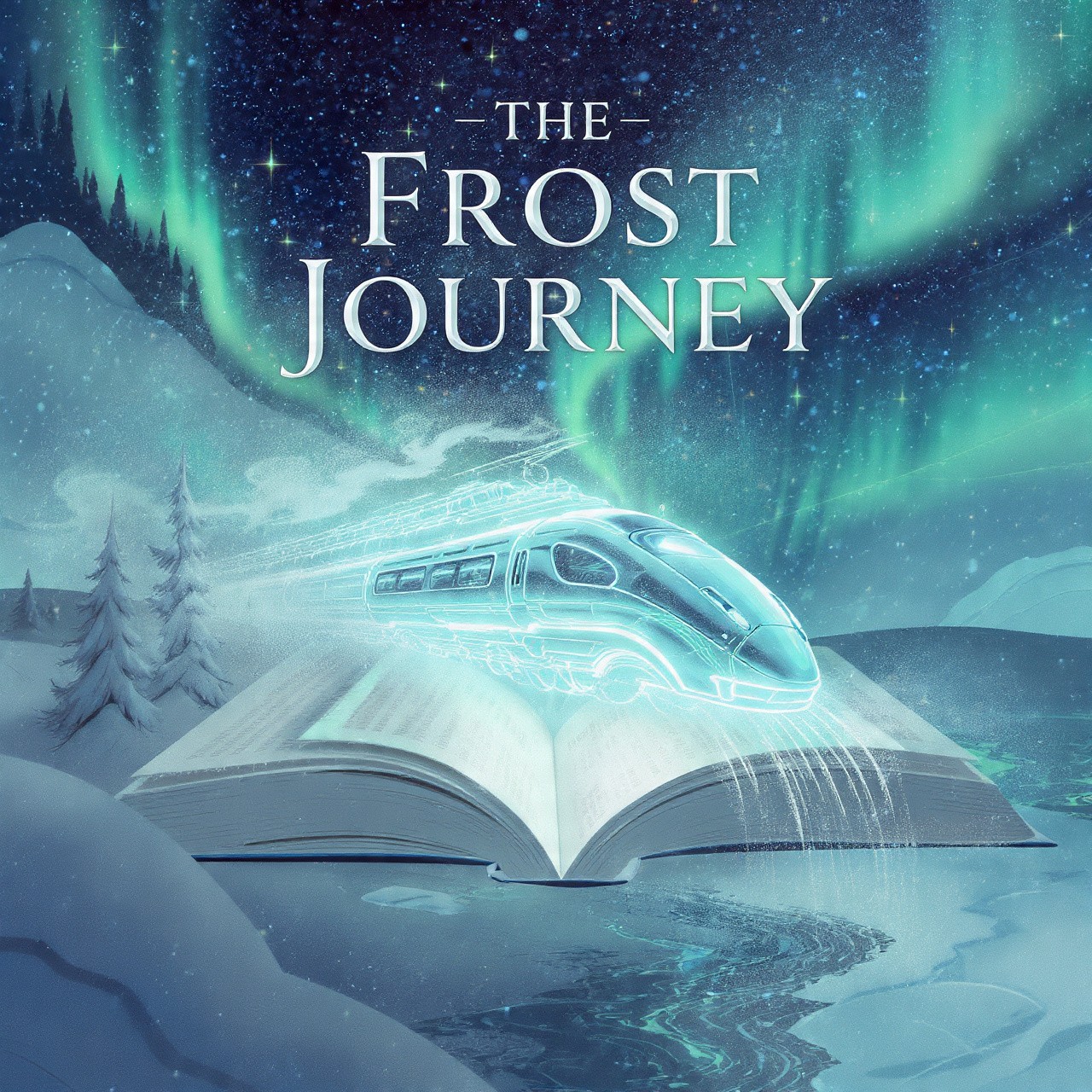 An imaginary picture of a train running over a book titled the frost journey