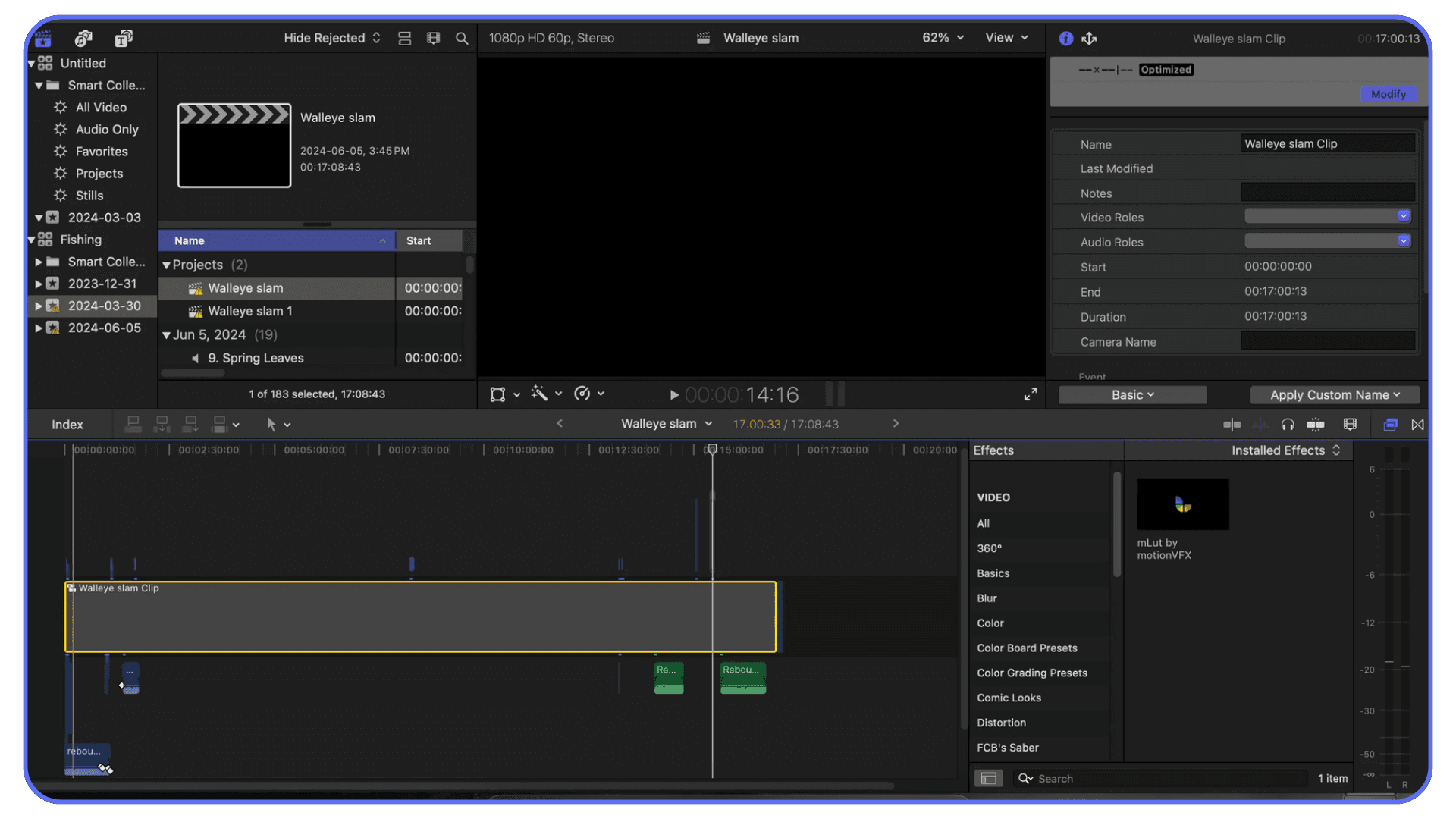 Final Cut Pro timeline and inspector panel during an active video editing session