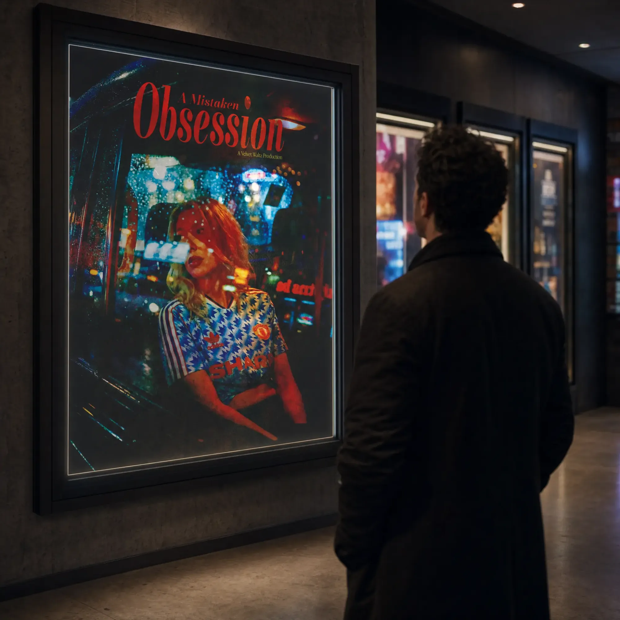 Man looking at a backlit A Mistaken Obsession poster in a cinema at night