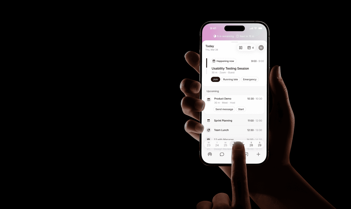 Close-up of a user interacting with a mobile time management app featuring a real-time schedule for sprint planning, product demos, and team collaboration for business productivity.