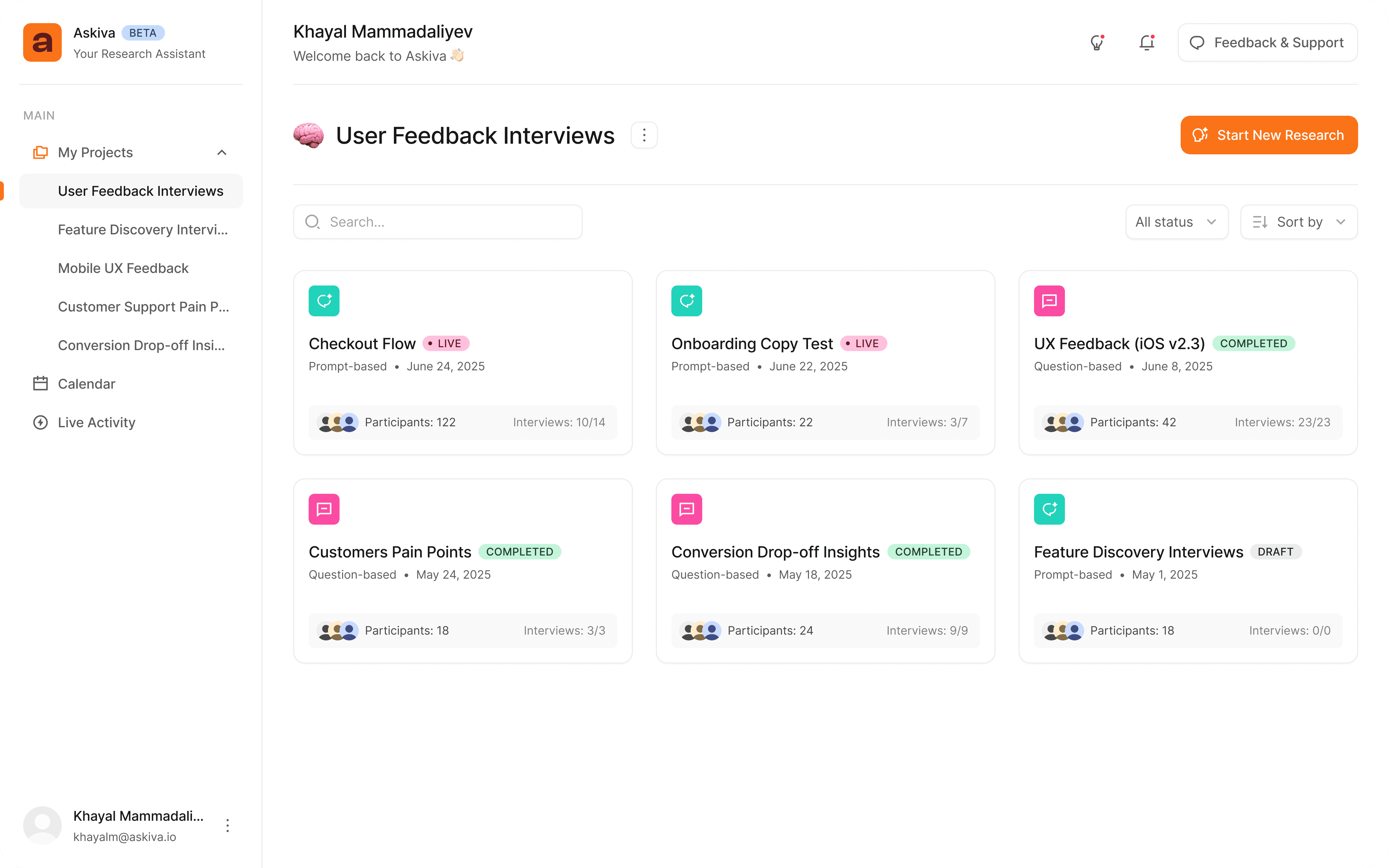 Screenshot of Askiva “User Feedback Interviews” dashboard with six draft studies, filters, and a Start New Research button