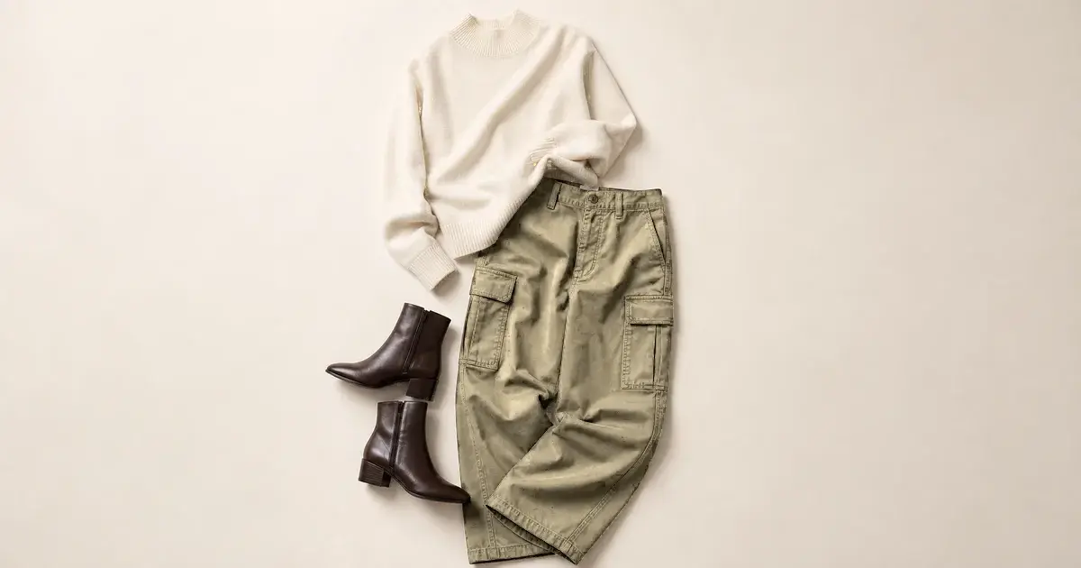Sandy khaki cargo trousers laid flat with a cream knit sweater and dark brown ankle boots on a warm ivory background