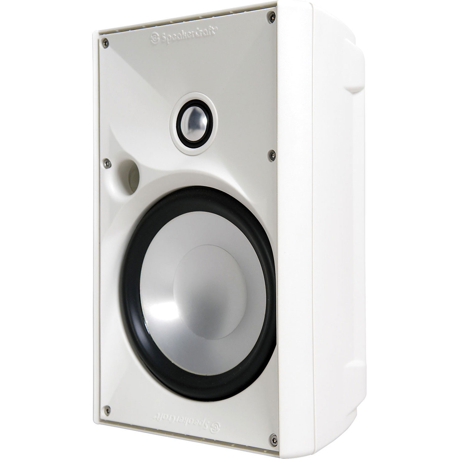 White outdoor speaker with silver woofer and tweeter.