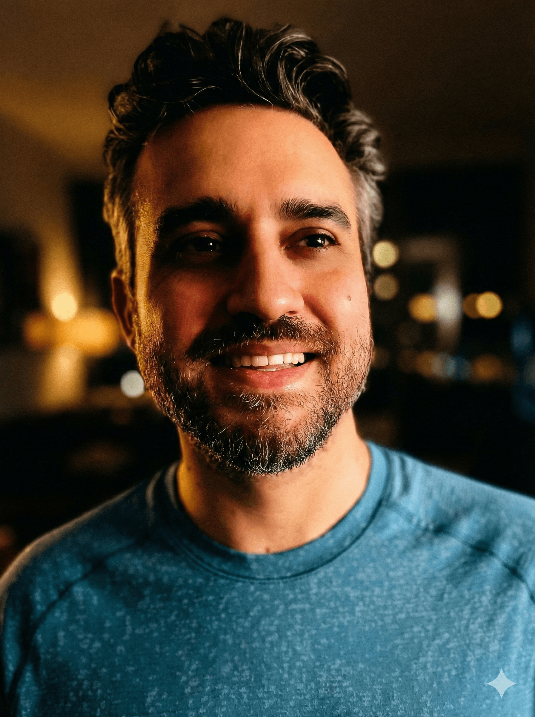 Black and white portrait of a smiling person with curly hair