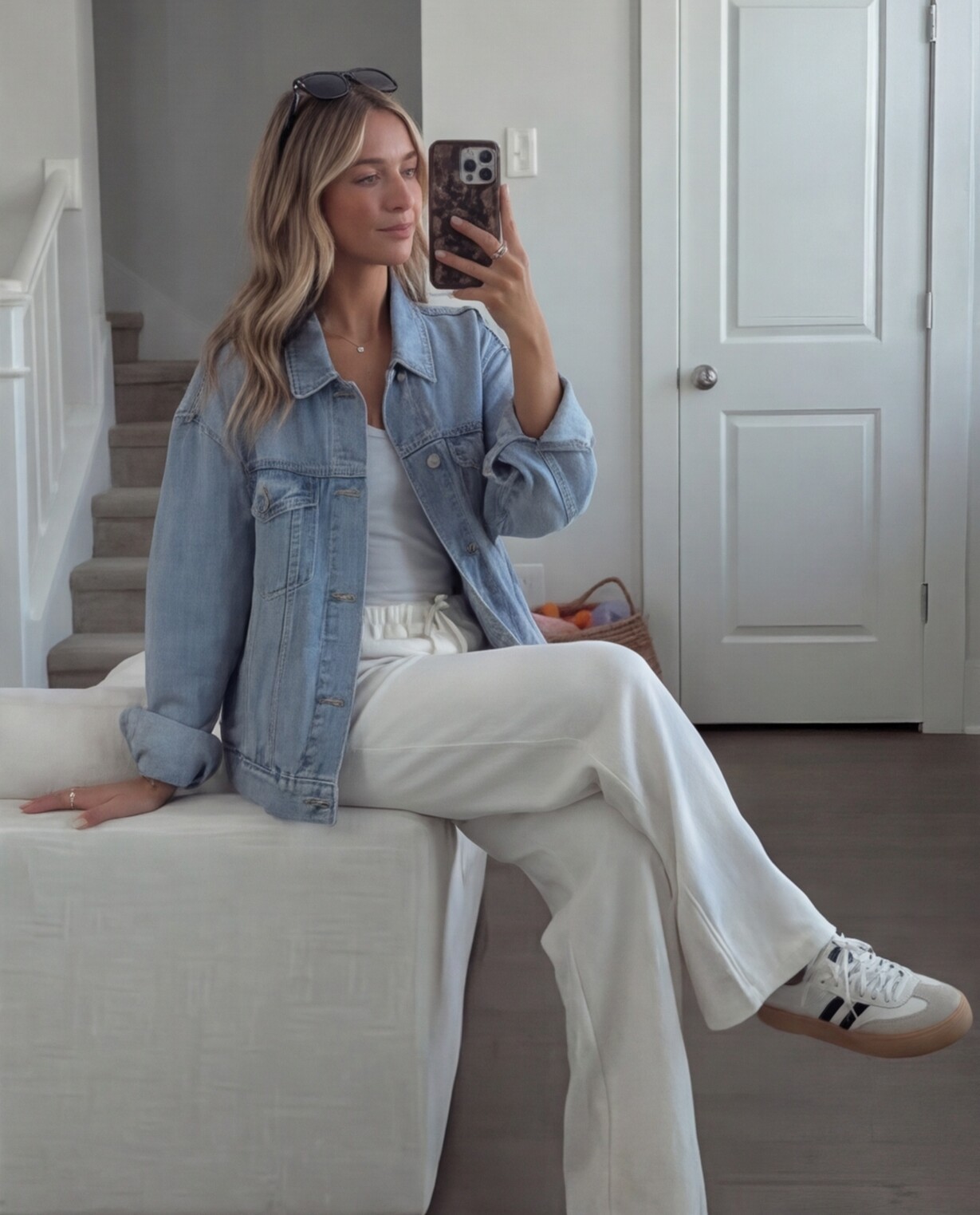 White Camisole with Denim Jacket and Cream Wide Pants