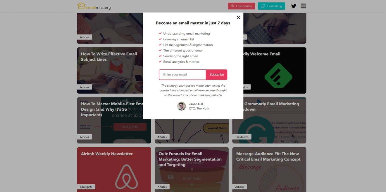 Email Mastery popup offering a free seven-day email marketing course
