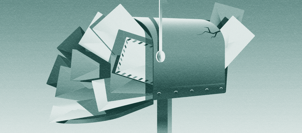 Illustration of an overflowing, cracked mailbox filled with envelopes, symbolizing email overload and unsecured domains.