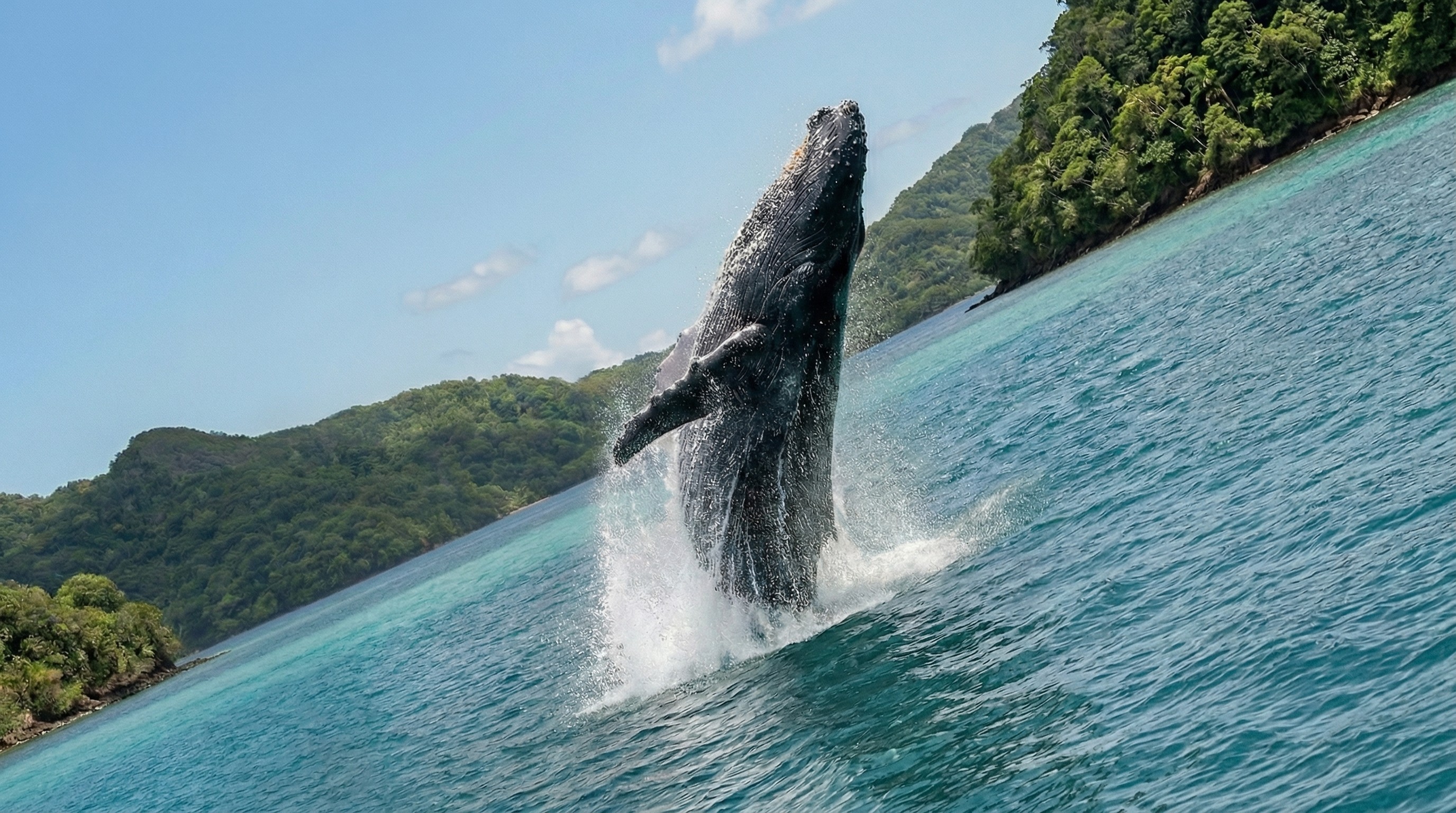 Angled shot of a humpback whale breaching in blue water near green hills