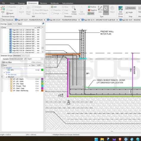 Screenshot of RIB CostX Measurement window showing Concrete takeoff by SubsQS Ltd