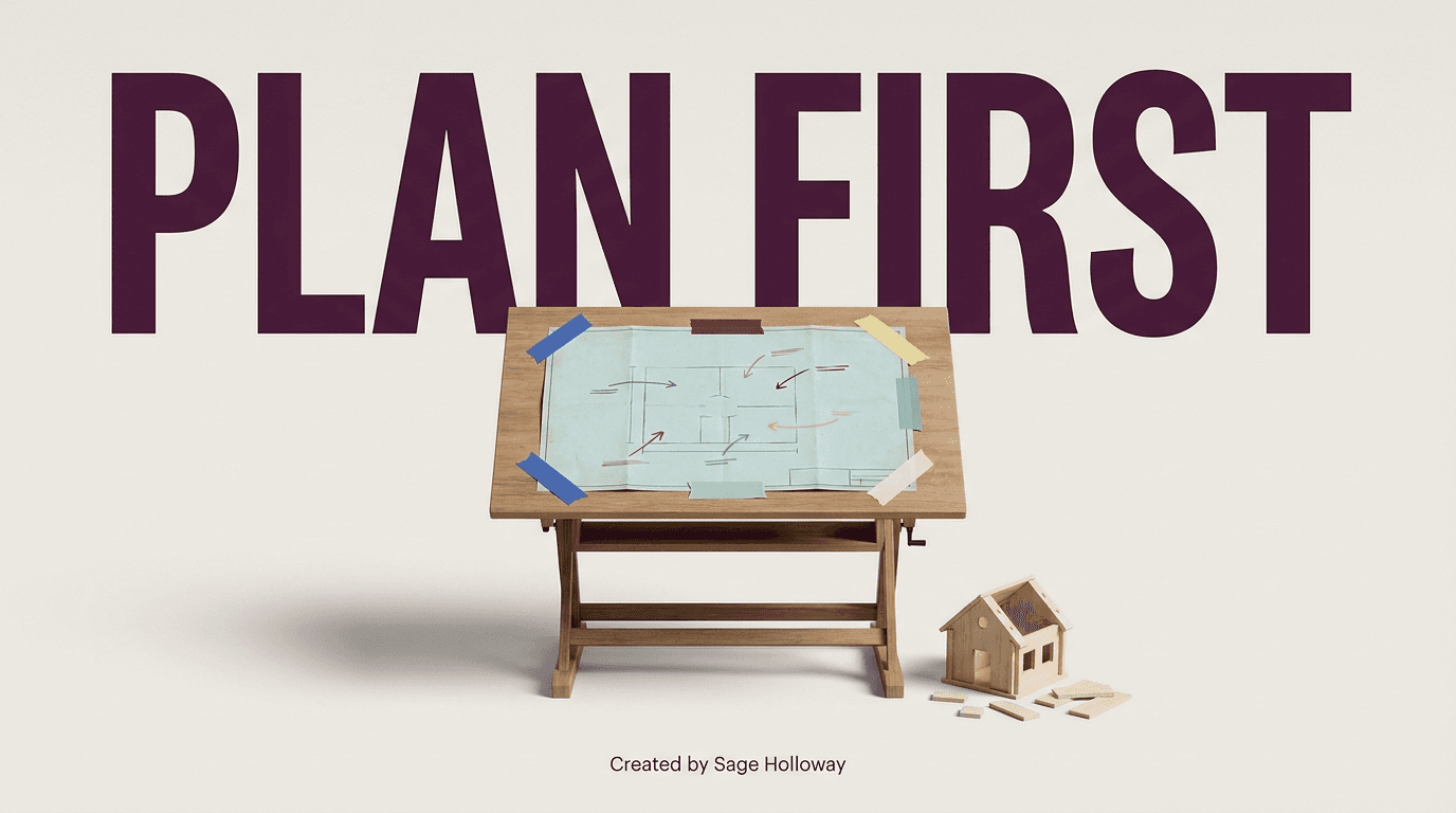 Claude Code Plan Mode editorial illustration: plan first before building