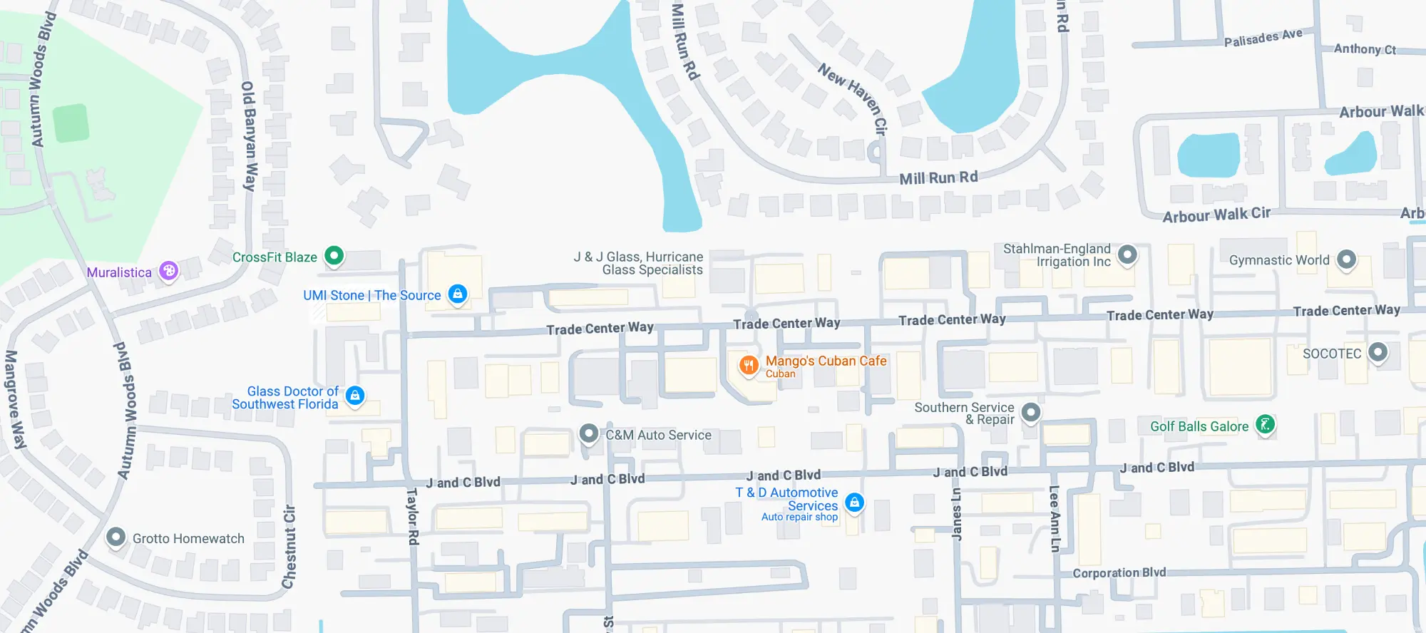 Google Maps view of J&J Glass in Naples, FL, with a red pulsing marker indicating the company’s business location for easy identification.