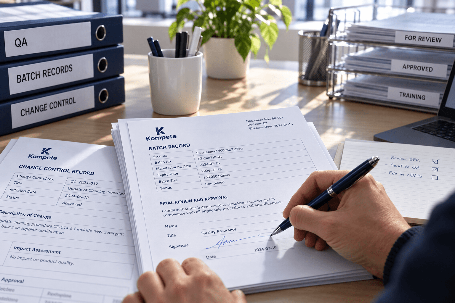 A batch record on a desk being signed beside quality documentation files