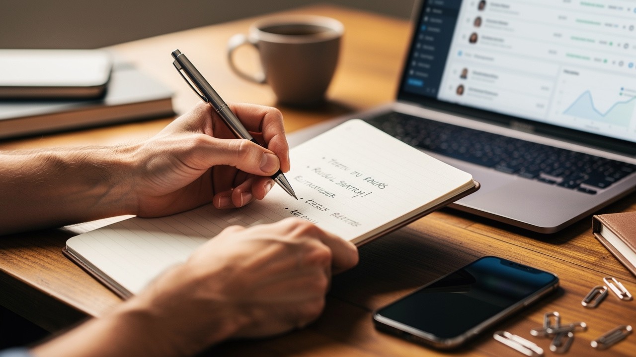 Sales professional taking detailed notes during call preparation
