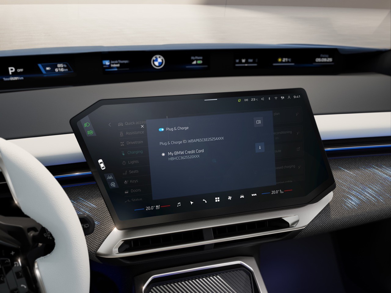 A BMW infotainment system view of the BMW iX3. It shows the Plug&Charge contract and the reference number to the driver's credit cared