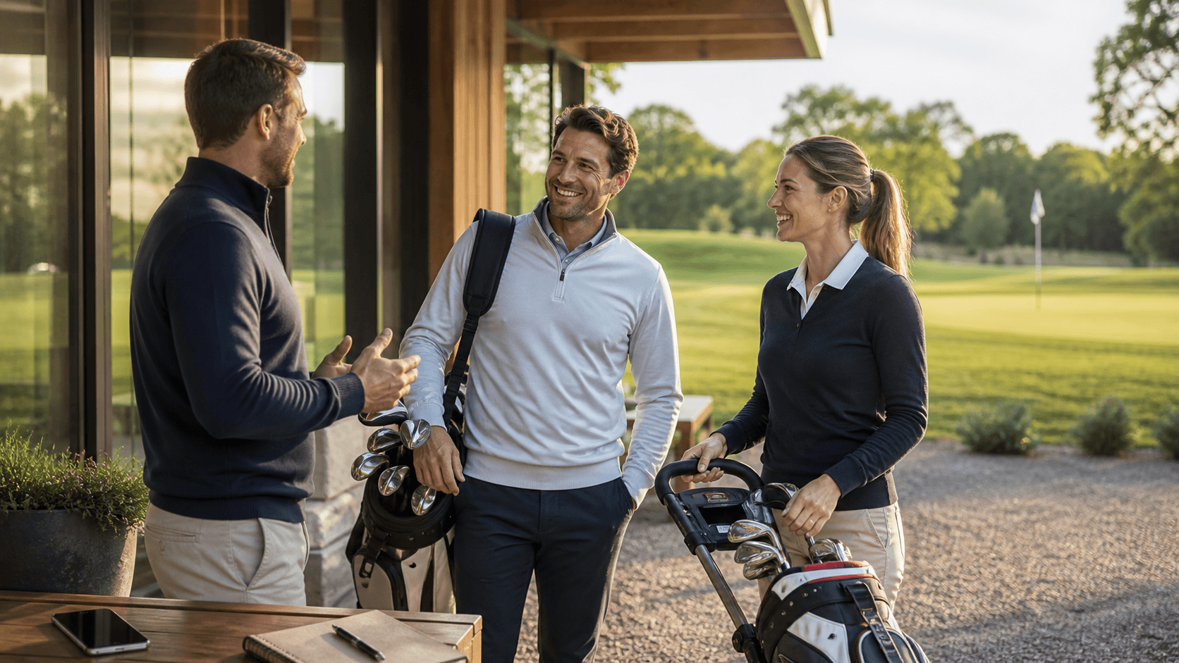 Accueil au clubhouse avec sacs de golf et parcours visible, pour créer un club.