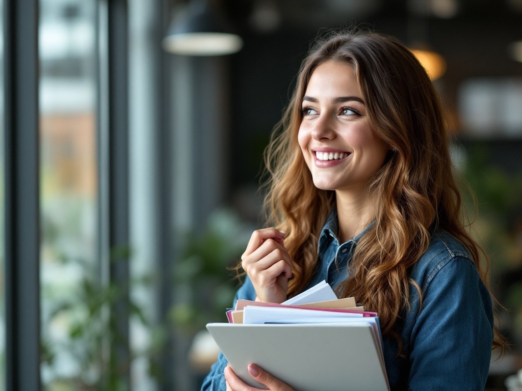 A young woman with long brown hair smiles as she looks out a window while holding books and a tablet.