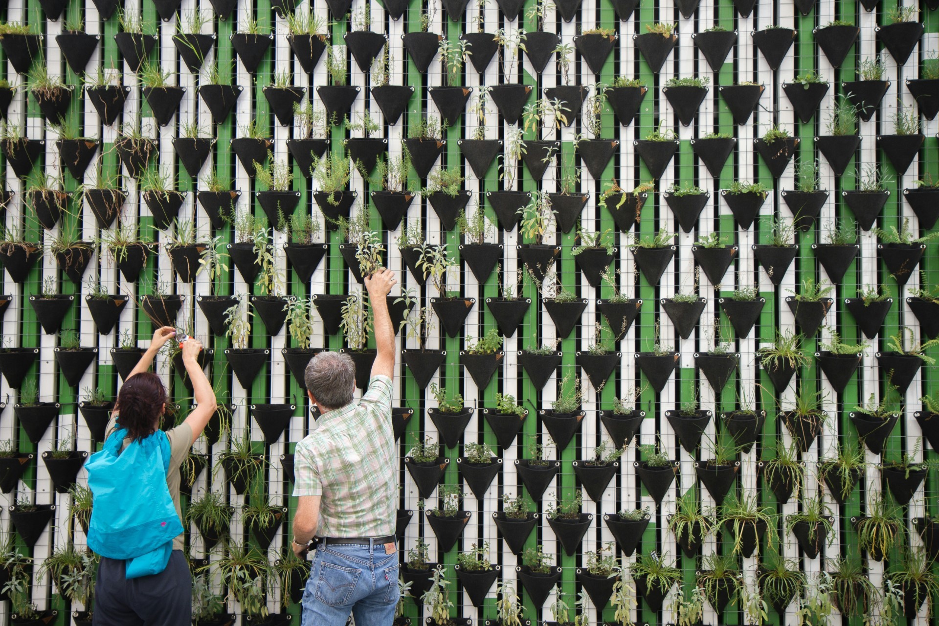 The image depicts a sustainable vertical garden system with modular planters, where two people are engaged in inspecting and maintaining the plants' growth.