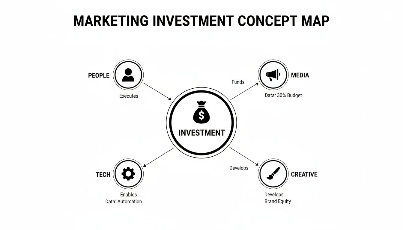 A marketing investment concept map showing how people, media, creative, and tech contribute to investment.