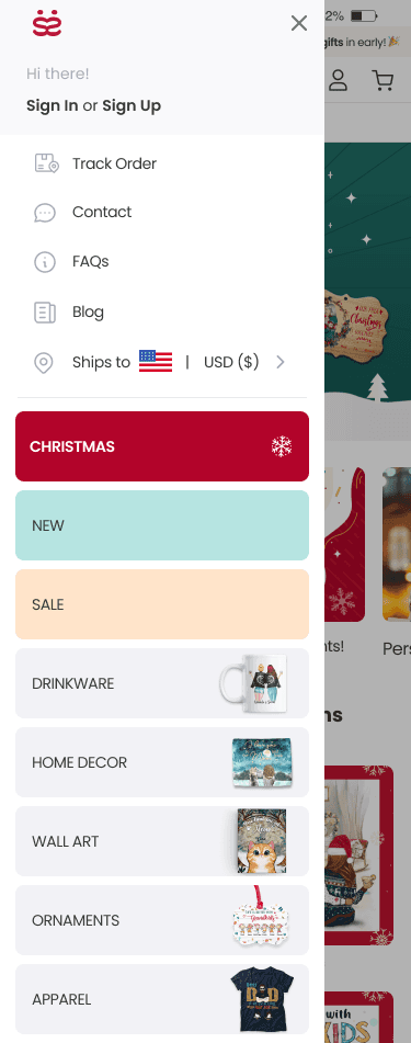 mobile navigation, with colorful menu sections for the holidays