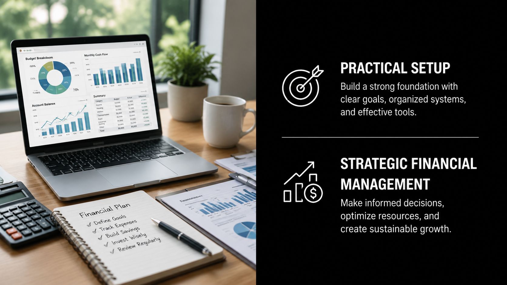 A clean office workspace with a laptop showing financial charts, a notepad, and professional financial management advice.