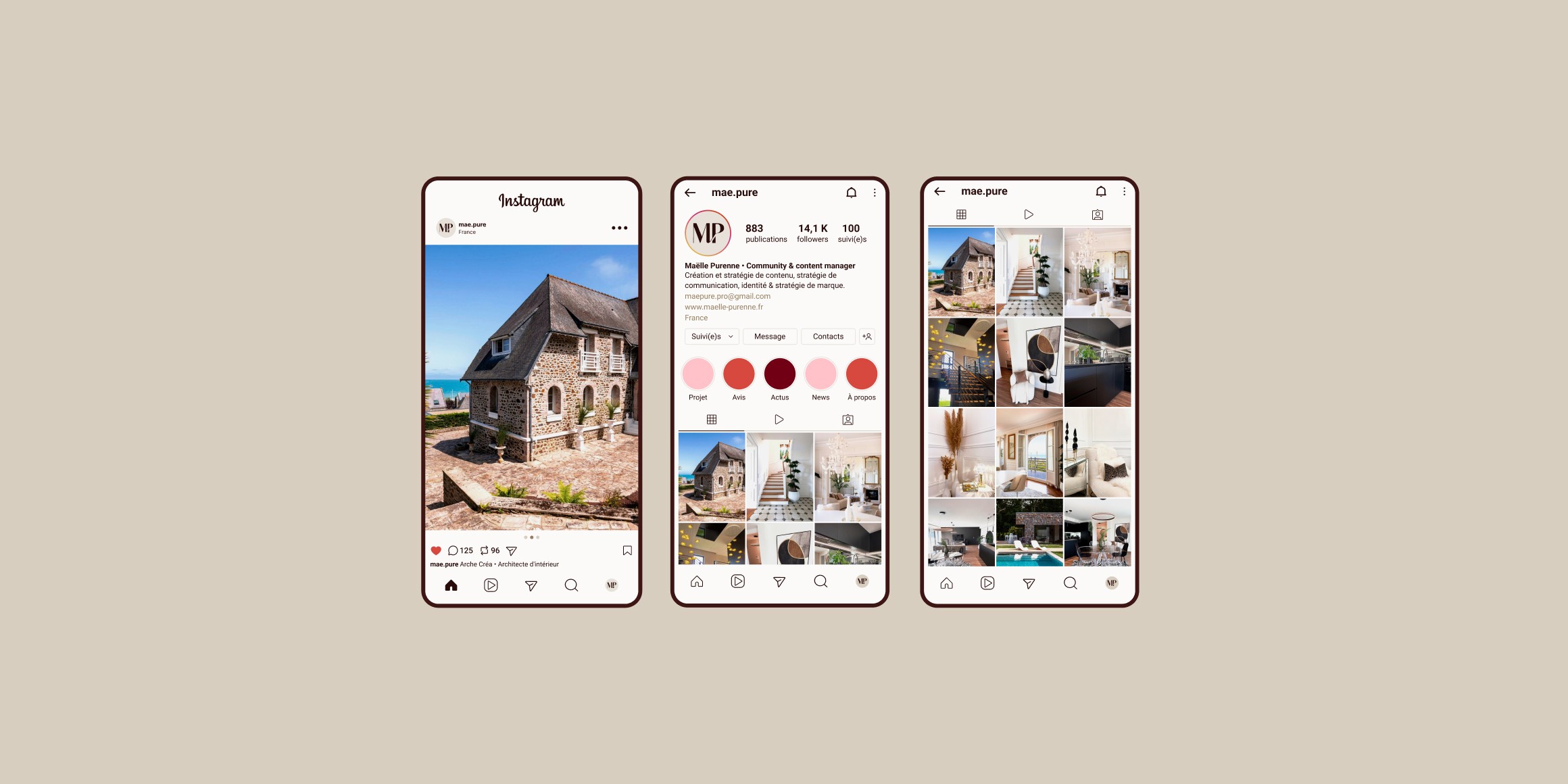 Exemple de feed instagram avec des photos pour le projet. 1er écran : publication avec une photo de la devanture d’une maison en bord de mer. 2è et 3è écran : aperçu du grid/galerie instagram.