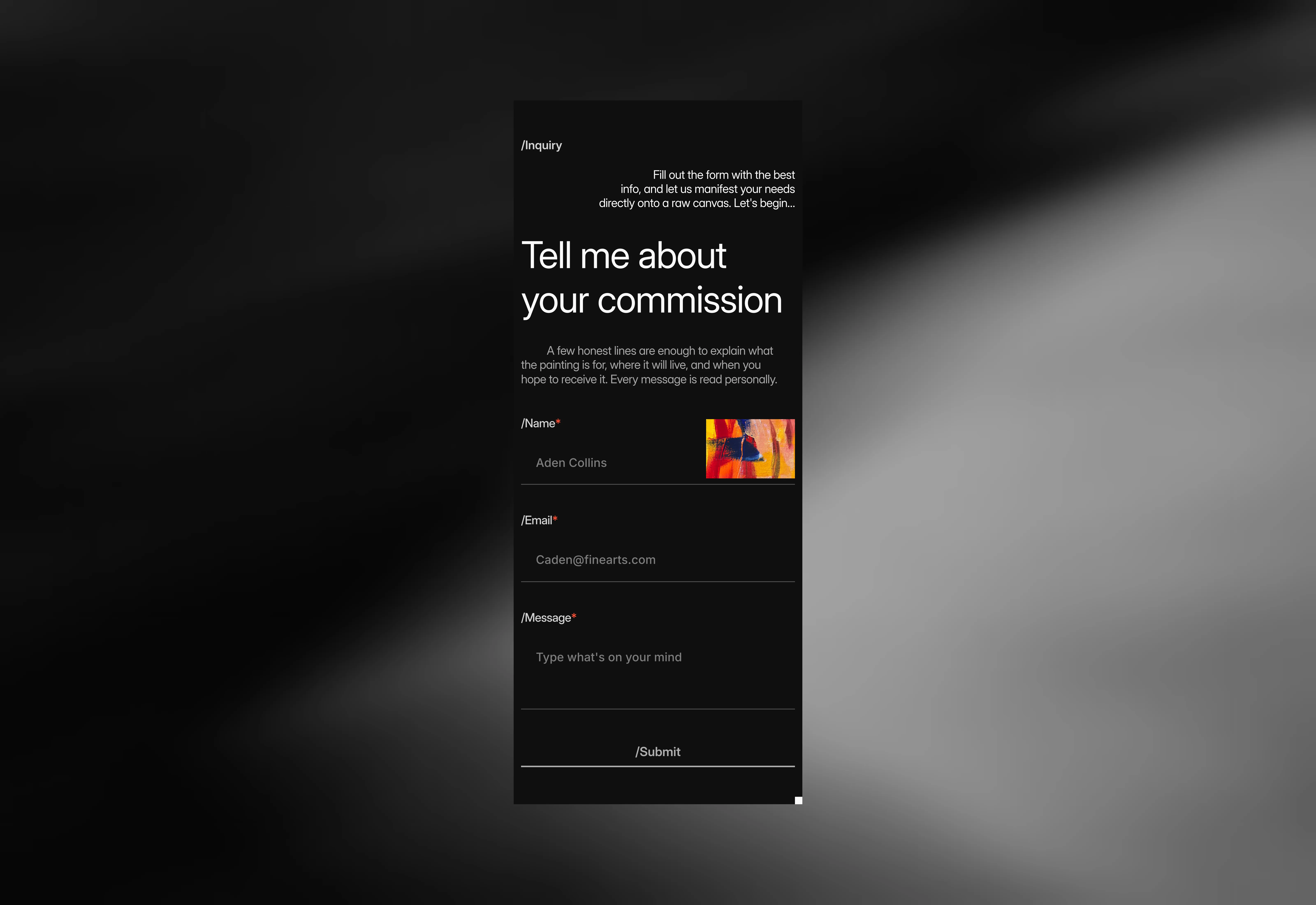 Dark UI of a minimal contact us page section, optimized for mobile screens.