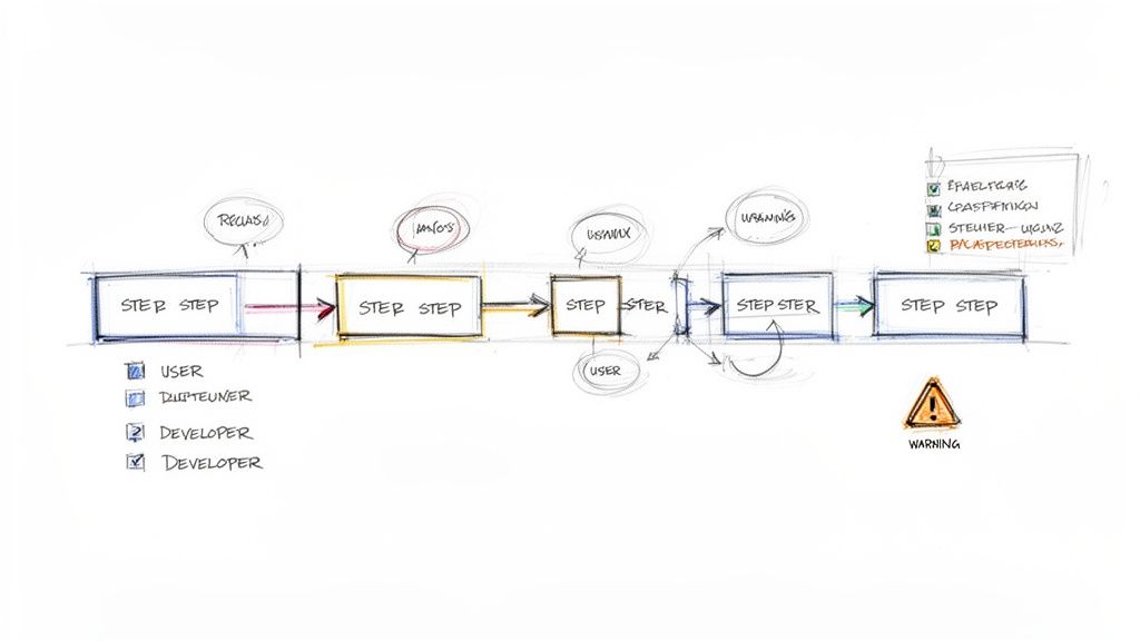 Hand-drawn workflow diagram illustrating sequential steps, user roles, and warnings within a process.