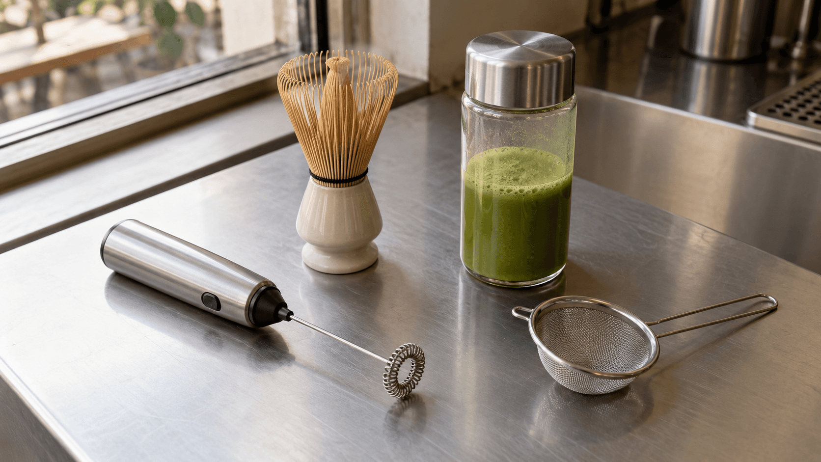 Een matchaklopper, handopschuimer, zeef en shaker met koude matcha op een werkblad.