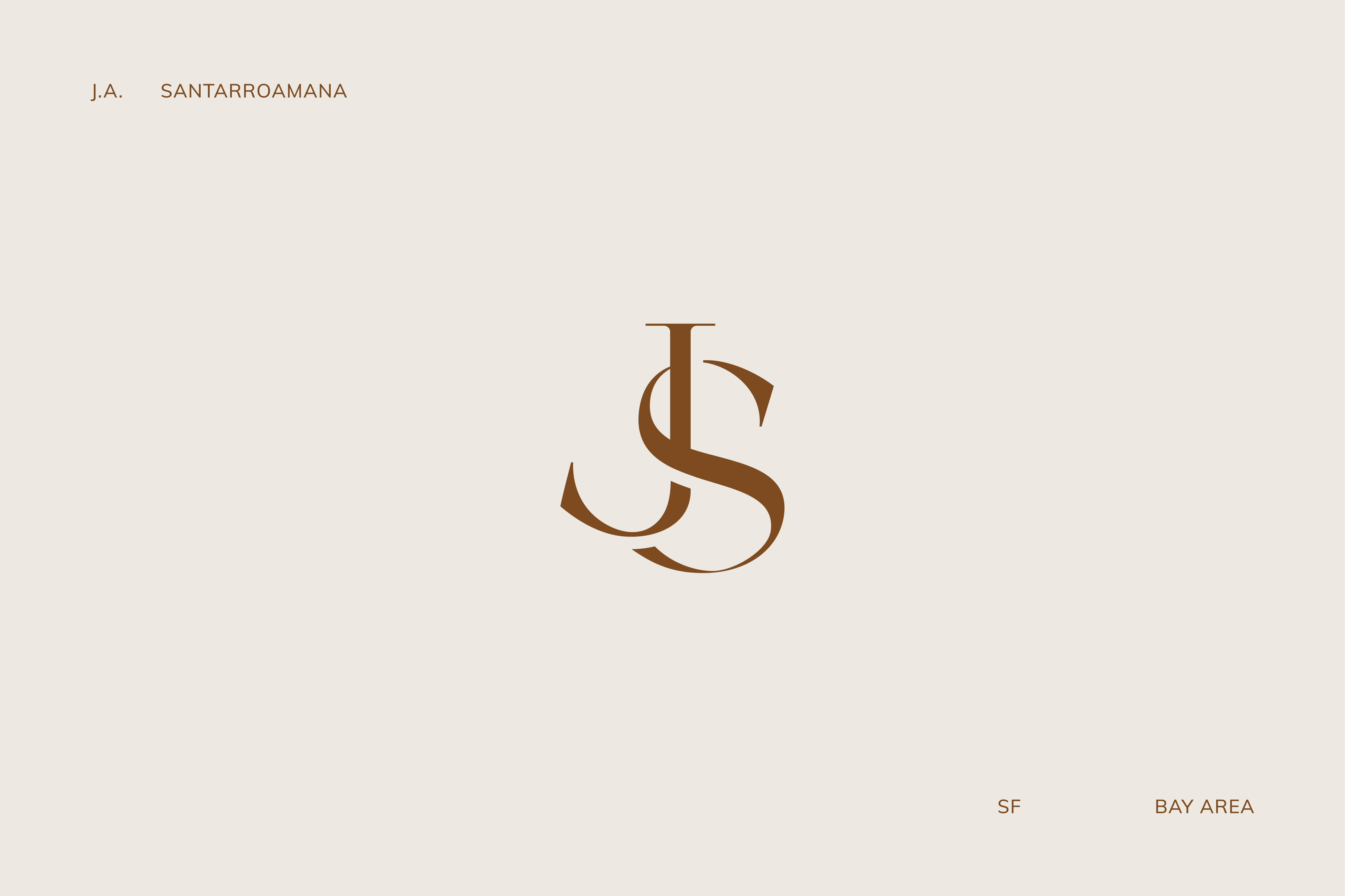 Minimalist Jo Anne Santarromana monogram logo in deep brown against a soft, neutral background, conveying understated luxury.