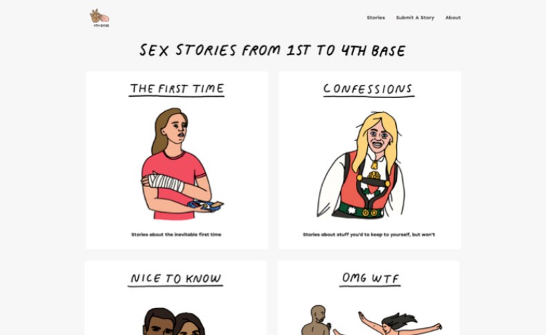 The image displays a website page titled "SEX STORIES FROM 1ST TO 4TH BASE." The page is divided into four sections, each with a distinct illustration and text. The top left section is titled "THE FIRST TIME" and features a cartoon of a woman with a bandaged arm holding a plate. The top right section is titled "CONFESSIONS" and shows a cartoon of a blonde woman in a red vest with a medal. The bottom left section is titled "NICE TO KNOW" and includes a cartoon of two people smiling. The bottom right section is titled "OMG WTF" and depicts two people with their arms raised in a gesture of surprise or shock.