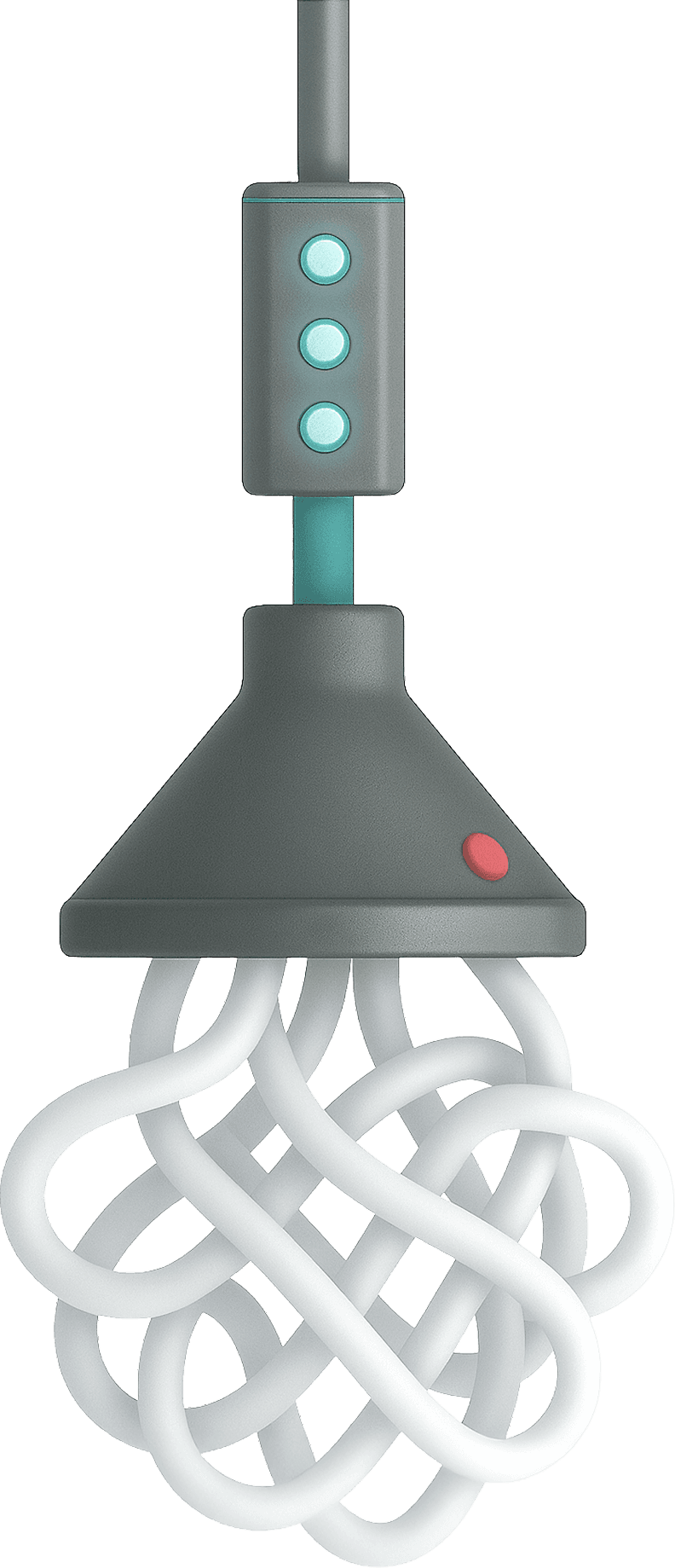 Large 3D overhead light illuminating tangled white cables, symbolizing clarity in complexity