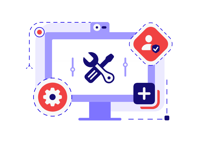 Illustration showing a desktop with a toolset and compositions representing managed IT support