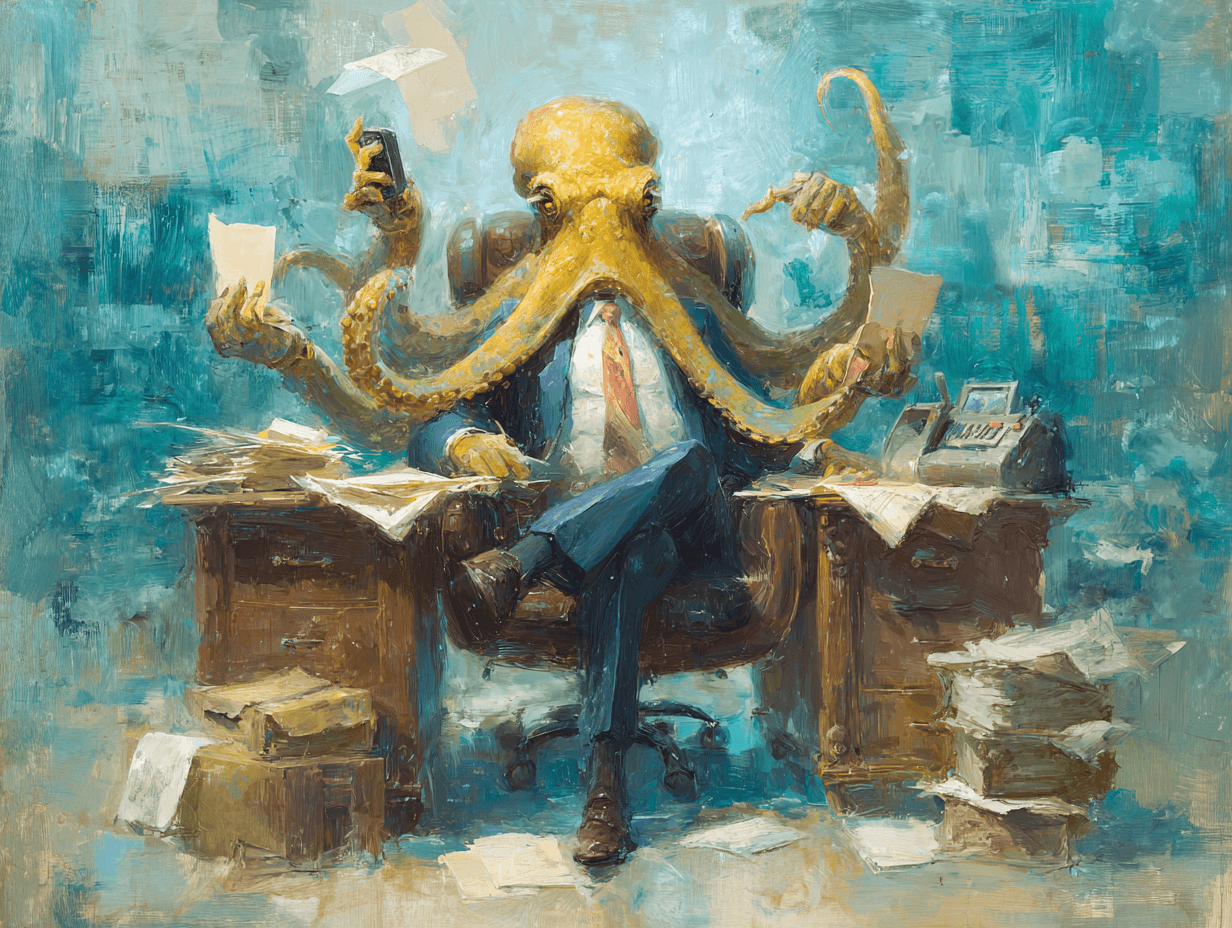 An impressionist-style painting portrays a businessman with an octopus head sitting at a cluttered desk. The creature’s many tentacles hold papers, a phone, and office tools simultaneously. The humorous, surreal scene symbolizes multitasking, overwork, and the chaos of modern professional life.